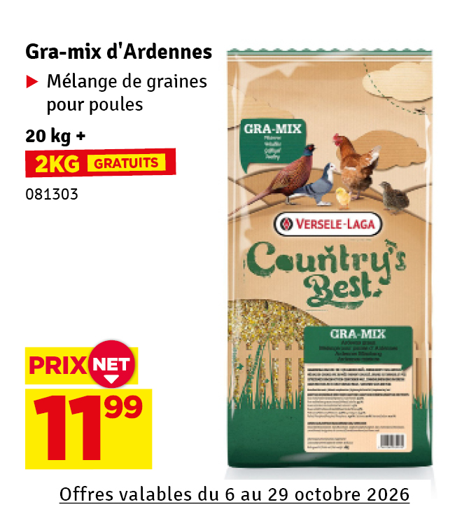 Mélange de céréales Gra-Mix pour poules d'Ardennes 20 kg + 2 kg gratuit
